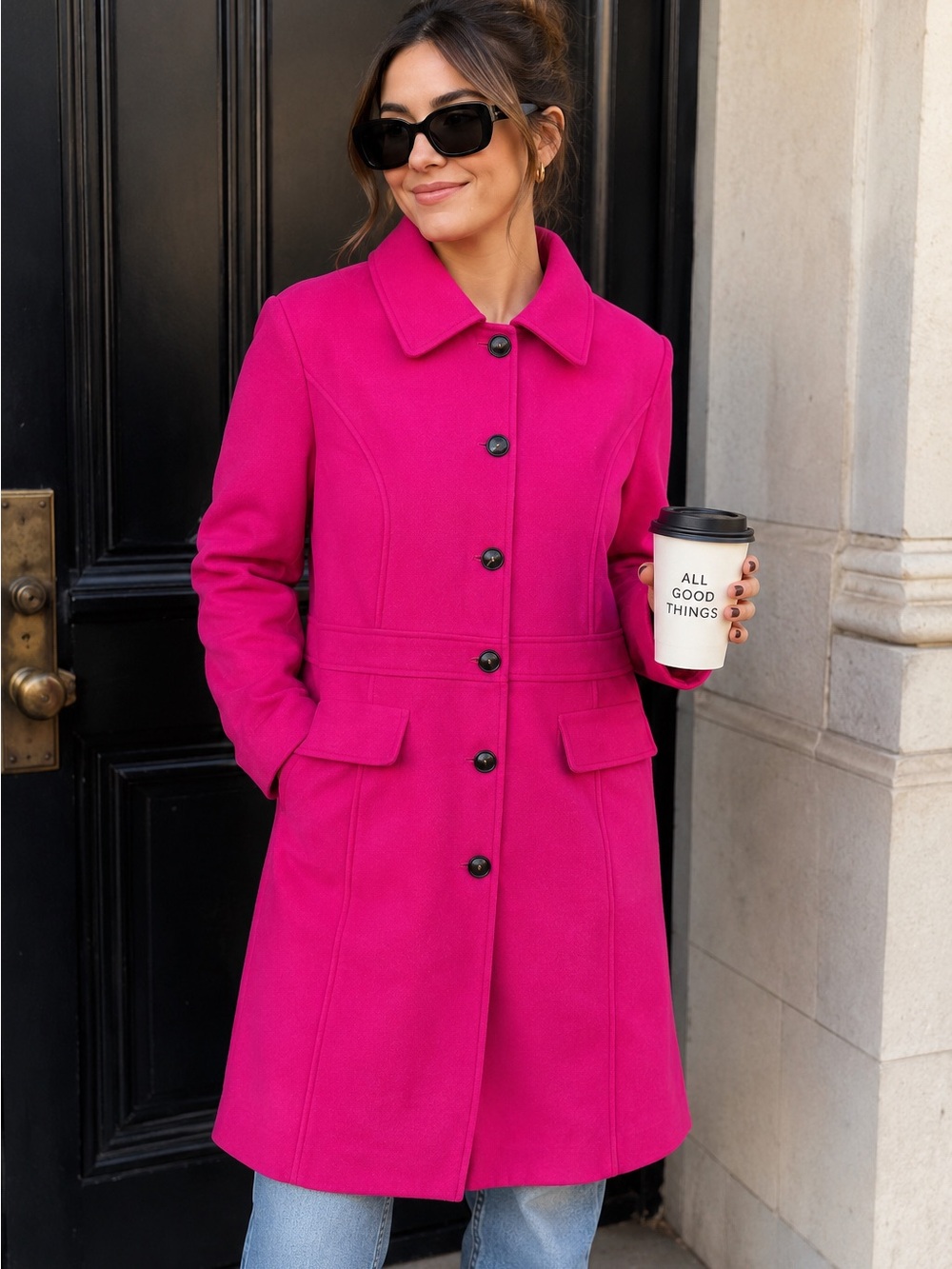 Women's Fuchsia Single-Breasted Pea Coat
